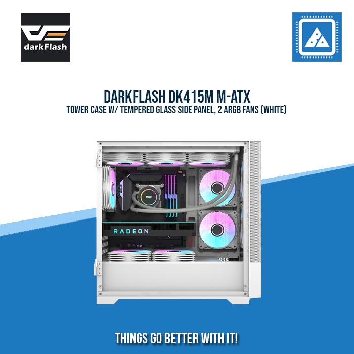 DARKFLASH DK415M M-ATX TOWER CASE W/ TEMPERED GLASS SIDE PANEL, 2 ARGB FANS (WHITE) DARKFLASH DK415M M-ATX TOWER CASE W/ TEMPERED GLASS SIDE PANEL, 2 ARGB FANS (WHITE)
